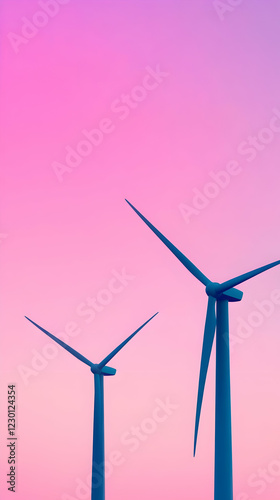 Pink sunset, wind turbines, energy, renewable photo