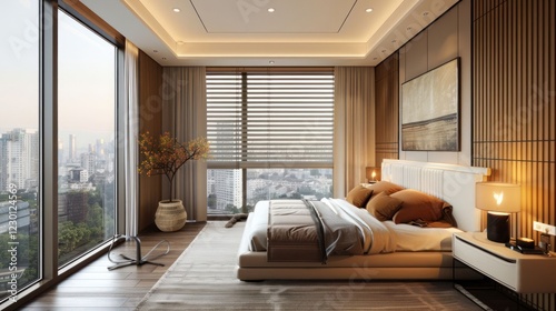 Modern bedroom interior with large windows showcasing city skyline at sunset  peaceful ambiance