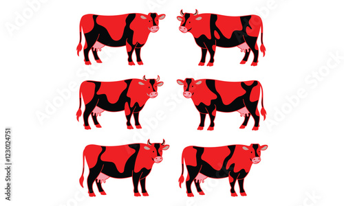 Red and black stylized cows in various poses for farm and agriculture designs