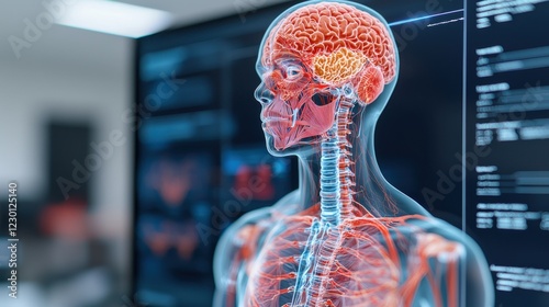 A detailed 3D rendering of the human anatomy with visible blood vessels and the brain, displayed on a high-tech medical screen