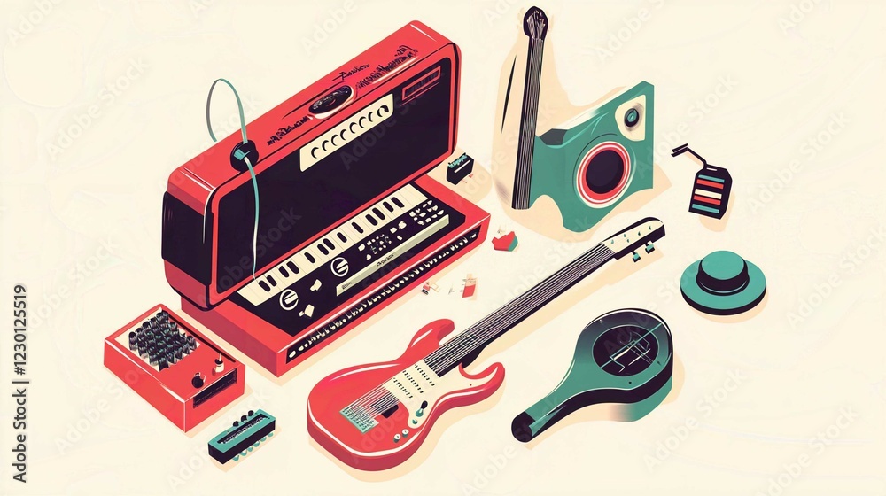 Vector Illustration of Isolated Tool Set in a White Box Featuring Musical Instruments and Repair Equipment Vector Illustration of Isolated Tool Set in a White Box Featuring Musical Instruments and Repair Equipment
