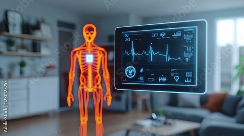 Futuristic holographic health monitoring system displaying vital signs and a 3D human body scan in a smart home environment