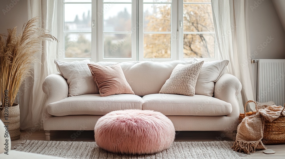 Fototapeta premium A cozy living room with a white couch and pink pouf.