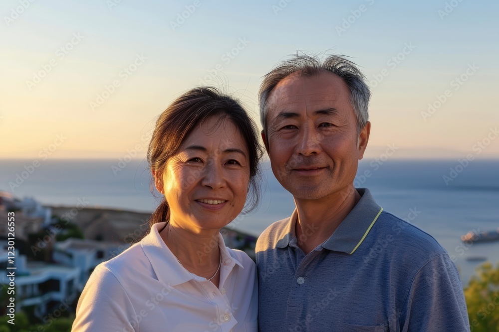 Portrait of a blissful asian couple in their 40s wearing a sporty polo shirt over picturesque seaside village Portrait of a blissful asian couple in their 40s wearing a sporty polo shirt over picturesque seaside village