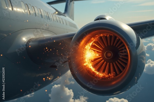 A fighter jet rams into the engine of a passenger plane mid-air, shown in close-up. The engine explodes in flames, with metal fragments and thick smoke filling the frame photo