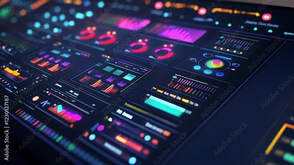 A closeup image of integrated smart metrics panels displaying efficiency rates and production outputs in vibrant colors vital for informed decisionmaking. A closeup image of integrated smart metrics panels displaying efficiency rates and production outputs in vibrant colors vital for informed decisionmaking.