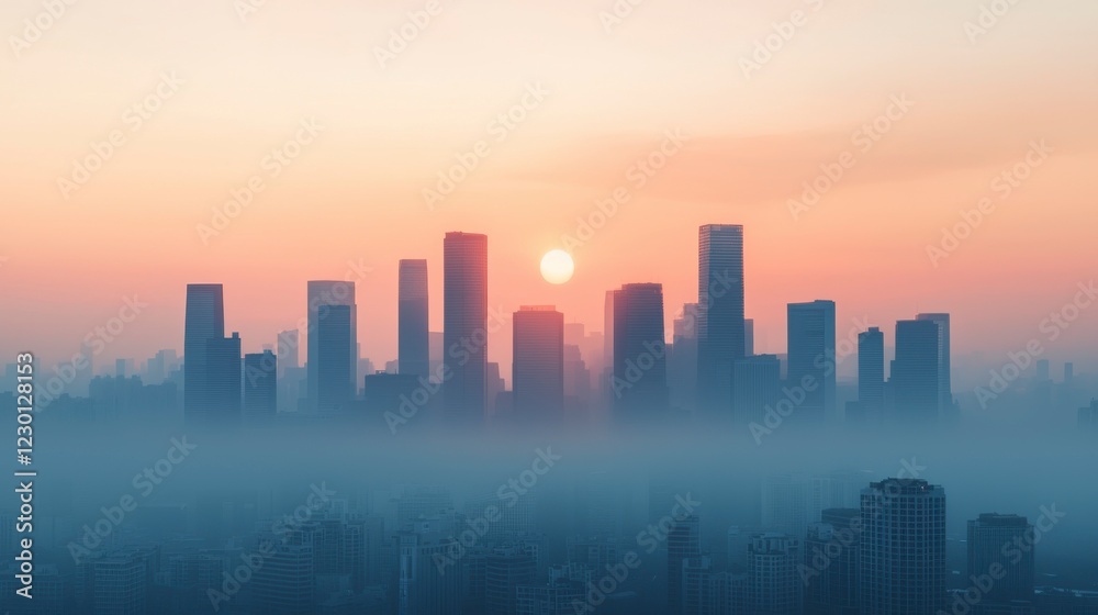 Fototapeta premium Serene City Skyline During Sunrise with Hazy Atmosphere