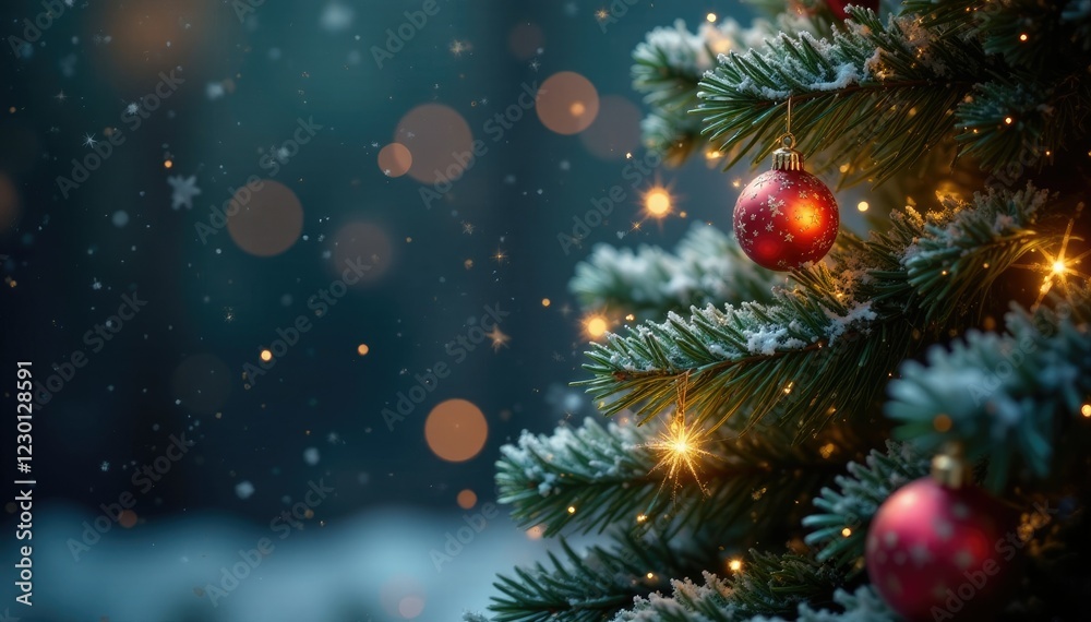 Sparkling snowflakes fall from a festive Christmas tree, decoration, snowflakes, festive Sparkling snowflakes fall from a festive Christmas tree, decoration, snowflakes, festive
