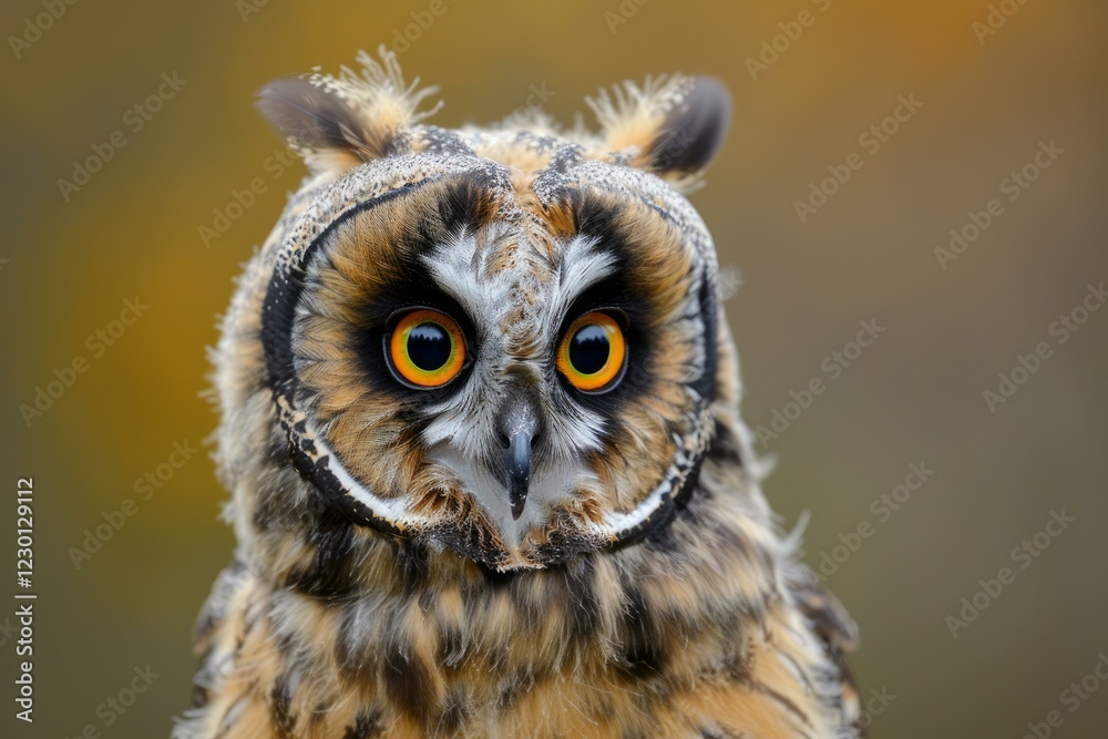 Fototapeta premium Beautiful long eared owl is staring ahead with piercing orange eyes