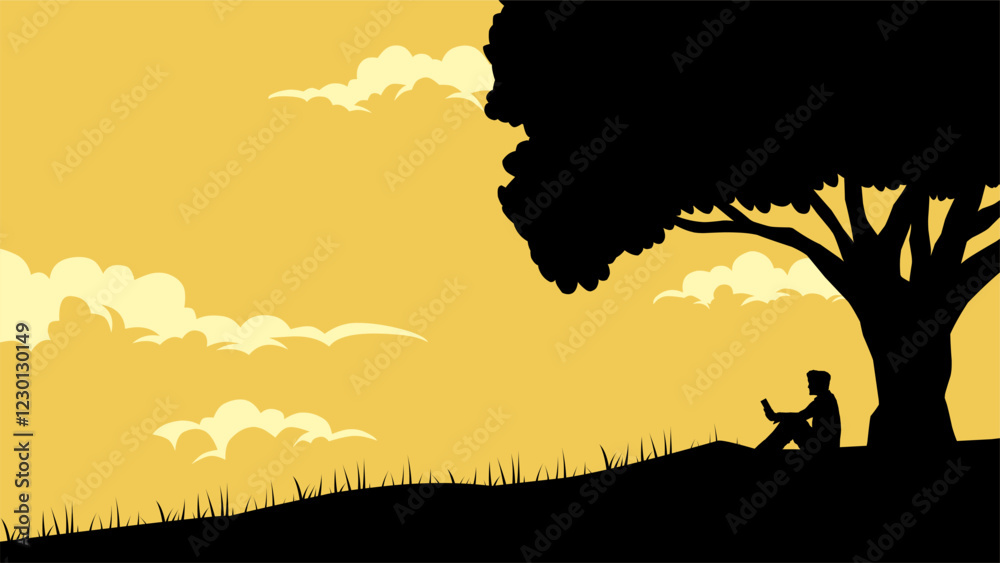 Naklejka premium Illustration of a person reading a book under the tree. Vector illustration of relaxing under shade tree while reading a book. Silhouette of someone enjoying hobby of reading under large tree