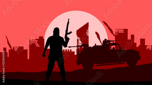 Illustration of criminality in the cityscape with gun abuse. Vector illustration of social issue about gun violence and terrorism threat. Destroyed city because terrorism problem and war conflict
