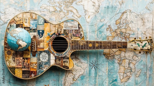 Acoustic Guitar Decorated with Vintage Travel Photos and a Globe on a World Map Background