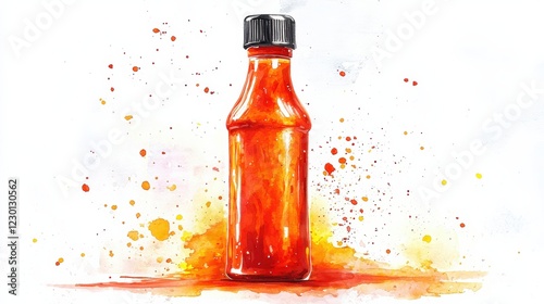 Watercolor painting of a glass bottle of hot sauce, vibrant red liquid, black cap, surrounded by orange and red watercolor splatters on white background.