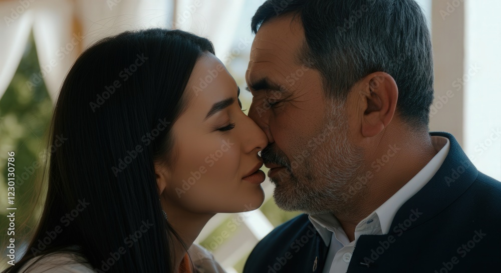 Tender moment between mature couple of diverse ethnicities in outdoor setting Tender moment between mature couple of diverse ethnicities in outdoor setting