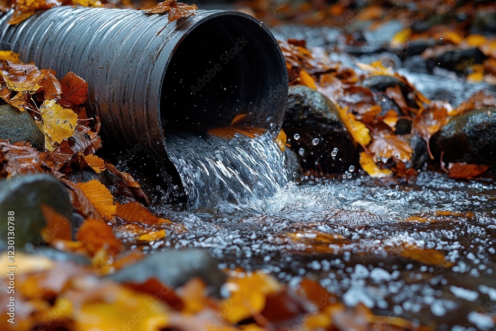 Obraz premium Water flows from pipe into autumn stream