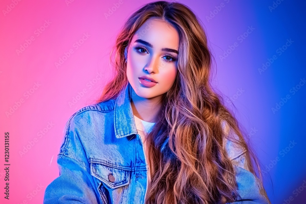 Future. Portrait of a female fashion model bathed in neon lights, with a glowing blue circle as the focal point against a dark studio backdrop. She sports trendy makeup and flawless skin, embodying Future. Portrait of a female fashion model bathed in neon lights, with a glowing blue circle as the focal point against a dark studio backdrop. She sports trendy makeup and flawless skin, embodying