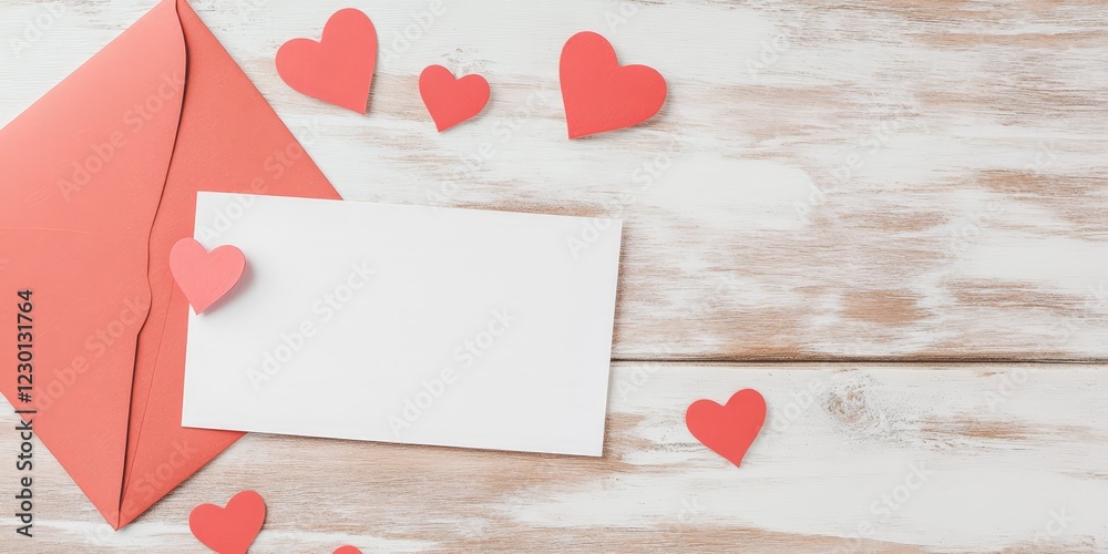A blank card and red envelope with paper hearts, arranged on a whitewashed wooden surface. A blank card and red envelope with paper hearts, arranged on a whitewashed wooden surface.