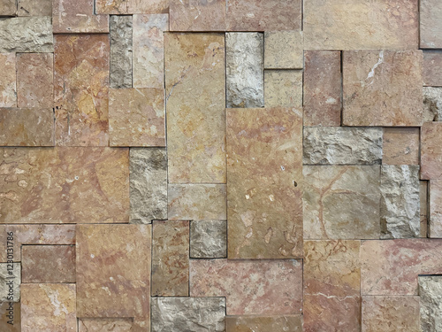 Random beige and brown natural stone cut in small rectangle shapes and square shape. Random slab cut natural flag stone stacked on each other. Seamless background texture.