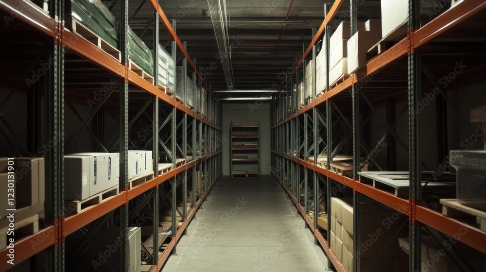 Fototapeta premium Warehouse Interior with Metal Shelving and Boxes