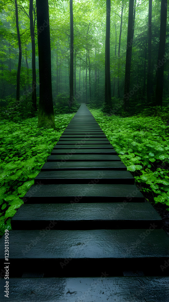 Misty forest path stairs, nature walk, serenity Misty forest path stairs, nature walk, serenity