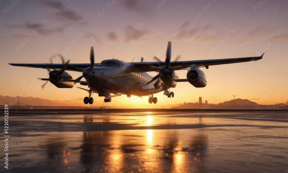 Plane landing on a helipuerto during golden hour, golden hour, aviation Plane landing on a helipuerto during golden hour, golden hour, aviation