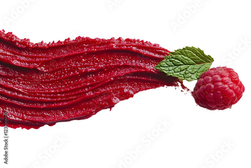 Vibrant raspberry coulis brush stroke with fresh mint leaf on a white background for culinary presentation and creativity