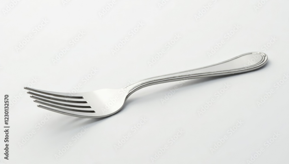 Isolated silver fork with intricate details on white surface, fork, shine Isolated silver fork with intricate details on white surface, fork, shine