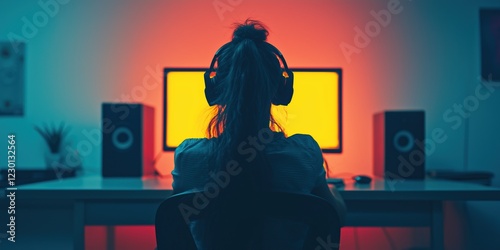 Person engrossed in computer screen wearing headphones bathed in vibrant colorful lighting