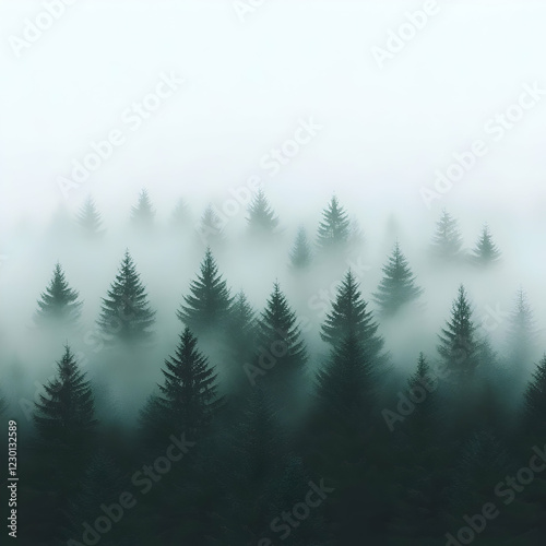 Misty forest, aerial view, nature scene, calm
