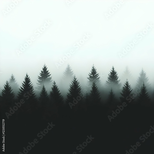 Misty forest trees, serene nature scene