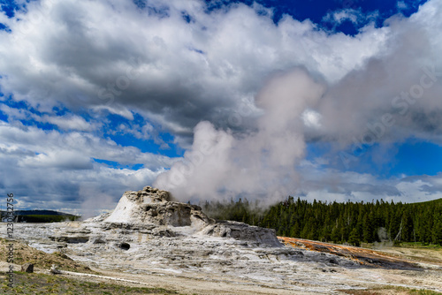 Geysers with hot water spew steam in Yellowstone National Park photo