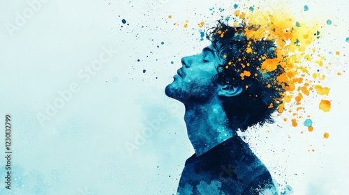 Portrait of a young man with colorful abstract paint explosion