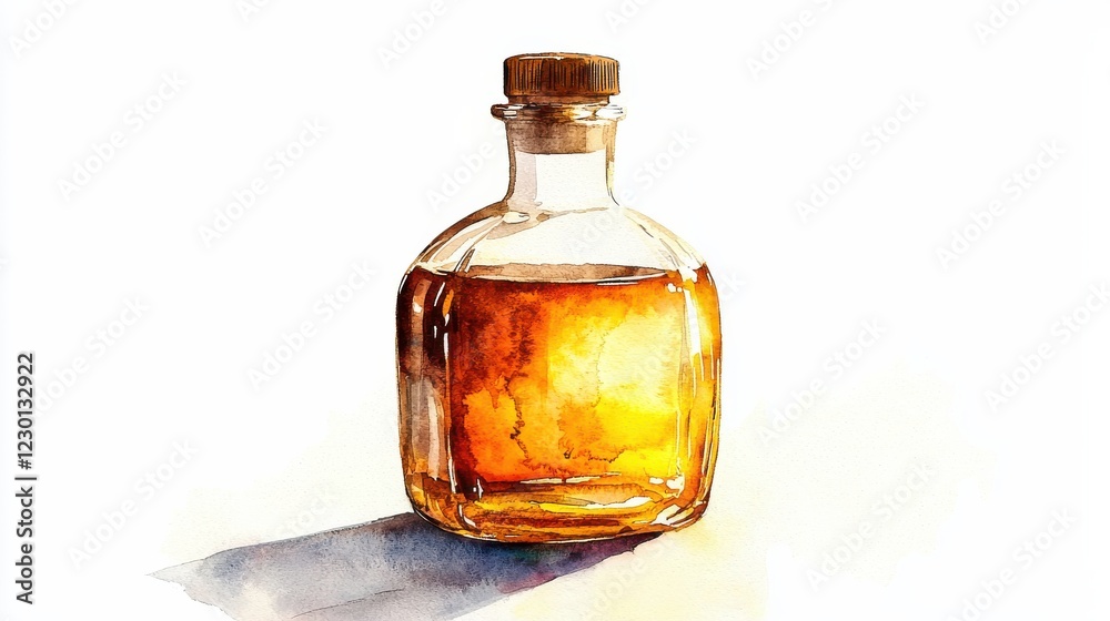 Amber liquid in a clear glass bottle with a cork stopper, depicted in a watercolor painting style against a white background. The bottle casts a subtle shadow, enhancing the three dimensional effect. Amber liquid in a clear glass bottle with a cork stopper, depicted in a watercolor painting style against a white background. The bottle casts a subtle shadow, enhancing the three dimensional effect.