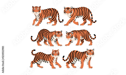 Colorful tiger illustrations in various poses for wildlife and animal-themed designs