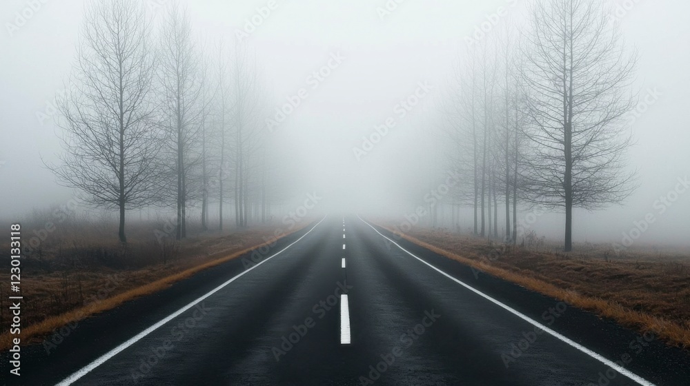 Foggy Road with Bare Trees in Mysterious Landscape Setting Foggy Road with Bare Trees in Mysterious Landscape Setting