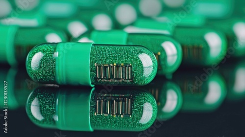 Close-up view of futuristic green smart capsules with embedded microchips, representing advanced pharmaceuticals and nanotechnology