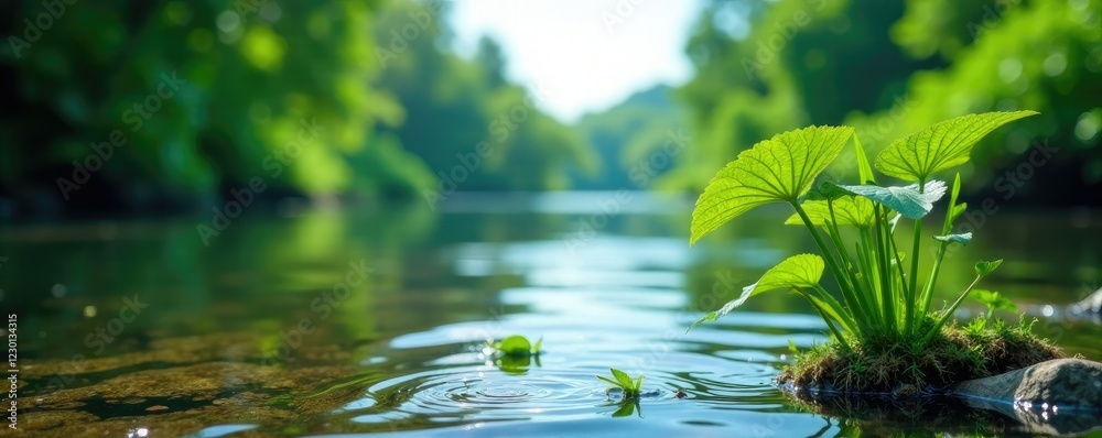 Riverbank Nipah plant growing amidst serene water flow, nature, vegetation, blue sky Riverbank Nipah plant growing amidst serene water flow, nature, vegetation, blue sky
