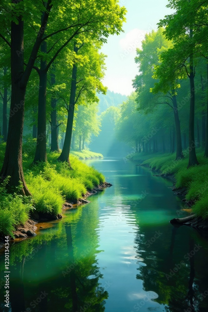 Riverbanks lined with tall trees and greenery, trees, river Riverbanks lined with tall trees and greenery, trees, river