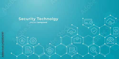 Concept of cybersecurity and network protection.  Hexagonal molecules and security icon. Background for innovation technology, and science. Secure technology. Vector illustration