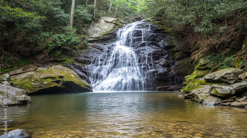 Waterfall cascading into pool, lush forest background; nature photography Waterfall cascading into pool, lush forest background; nature photography