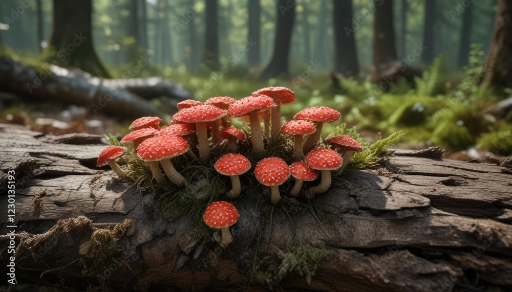 Fototapeta premium Red poisonous fly agaric growing on decaying log, green moss, fly agaric, decay