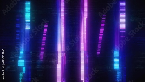 Digital glitch noise texture with  purple color shifts, distorted pixels and neon glow, futuristic cyberpunk aesthetic