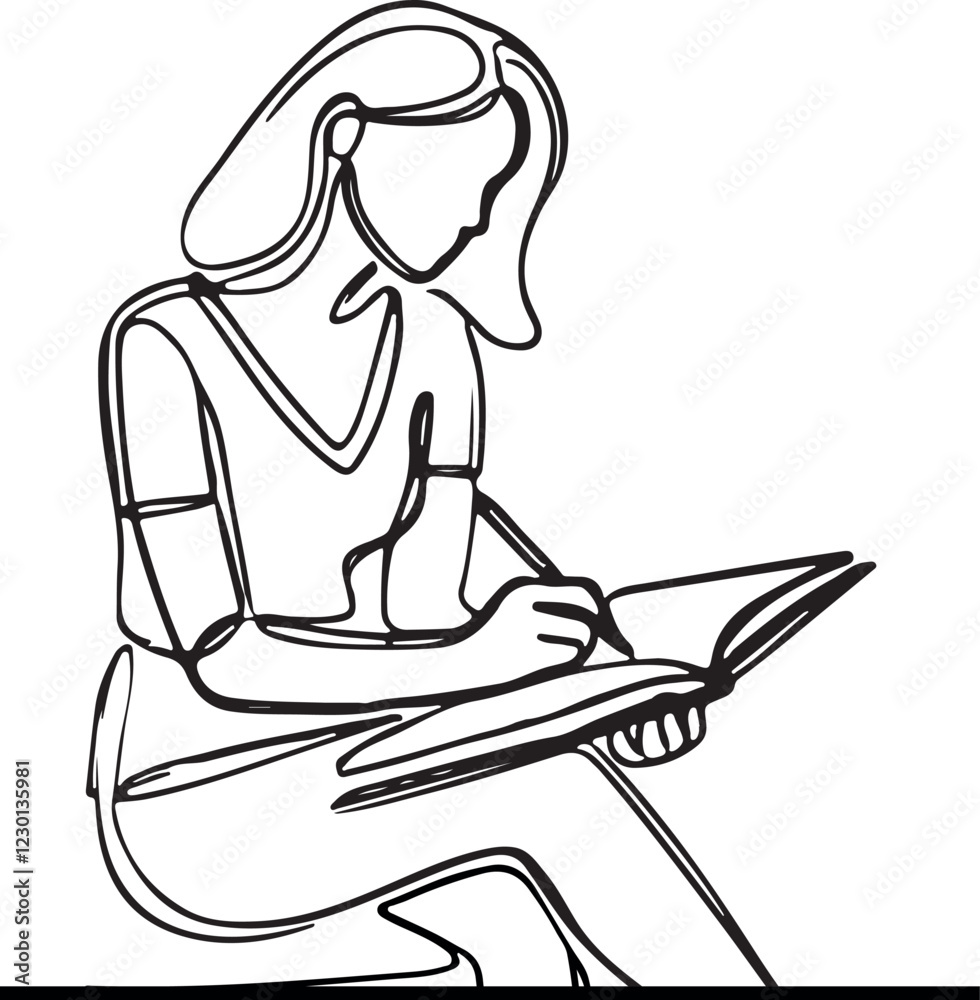 Woman Taking Notes in a Journal – Minimalist Line Art Design Woman Taking Notes in a Journal – Minimalist Line Art Design