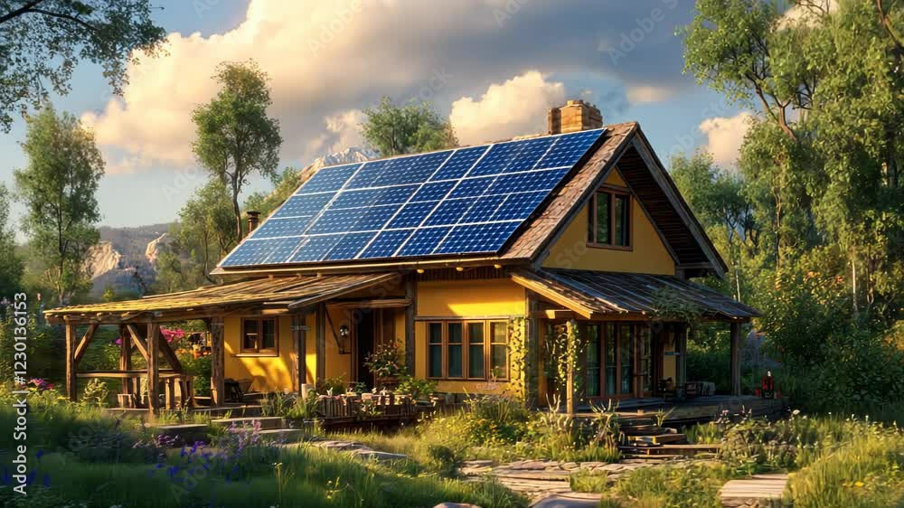 A charming, eco-friendly house with solar panels surrounded by lush greenery and mountains. A charming, eco-friendly house with solar panels surrounded by lush greenery and mountains.