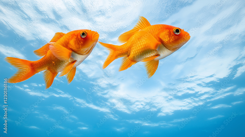 Fototapeta premium Vibrant goldfish swimming gracefully in clear blue aquarium, showcasing their bright orange colors and flowing fins. serene underwater scene evokes sense of tranquility and beauty