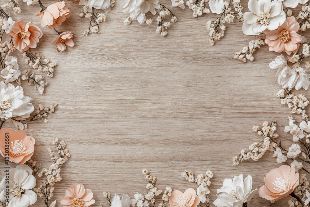 Fototapeta premium Flowers scattered on a wooden surface, top-down view, with text space. A natural and organic composition for romantic or celebratory designs.