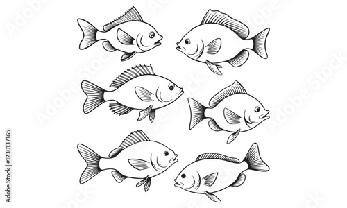 Black and white illustrations of fish in various poses for aquatic and wildlife designs