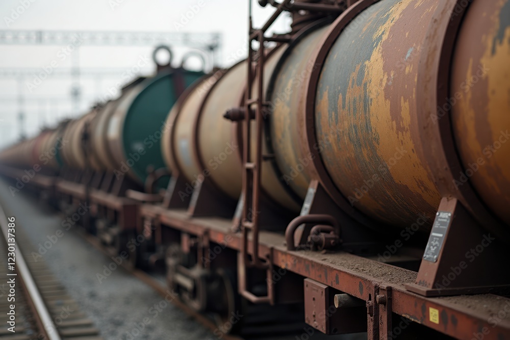 A detailed close-up of an oil tankers coupling mechanism on a freight train, highlighting the robust metal parts and safety features. The blurred background includes other train components A detailed close-up of an oil tankers coupling mechanism on a freight train, highlighting the robust metal parts and safety features. The blurred background includes other train components