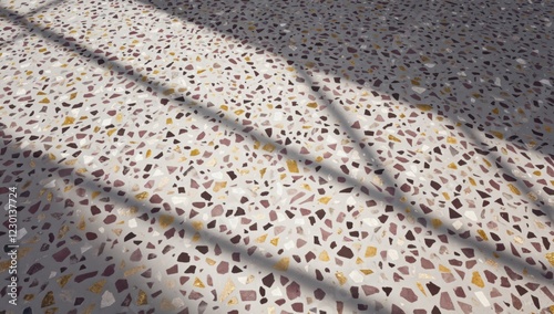 High-resolution terrazzo floor texture with multicolored chips, modern design aesthetic, photorealistic