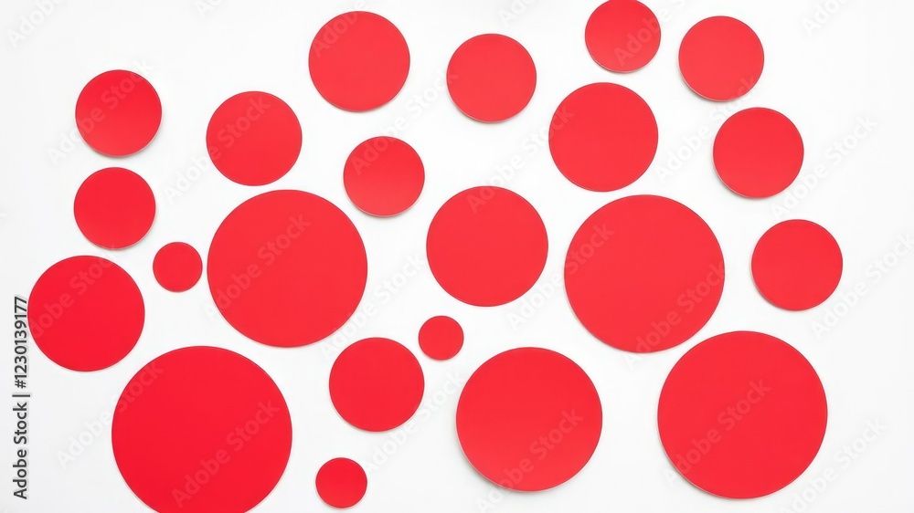 Fototapeta premium Set of blank red round adhesive paper stickers in various sizes on a plain white background, red stickers, adhesive paper, sticker collection